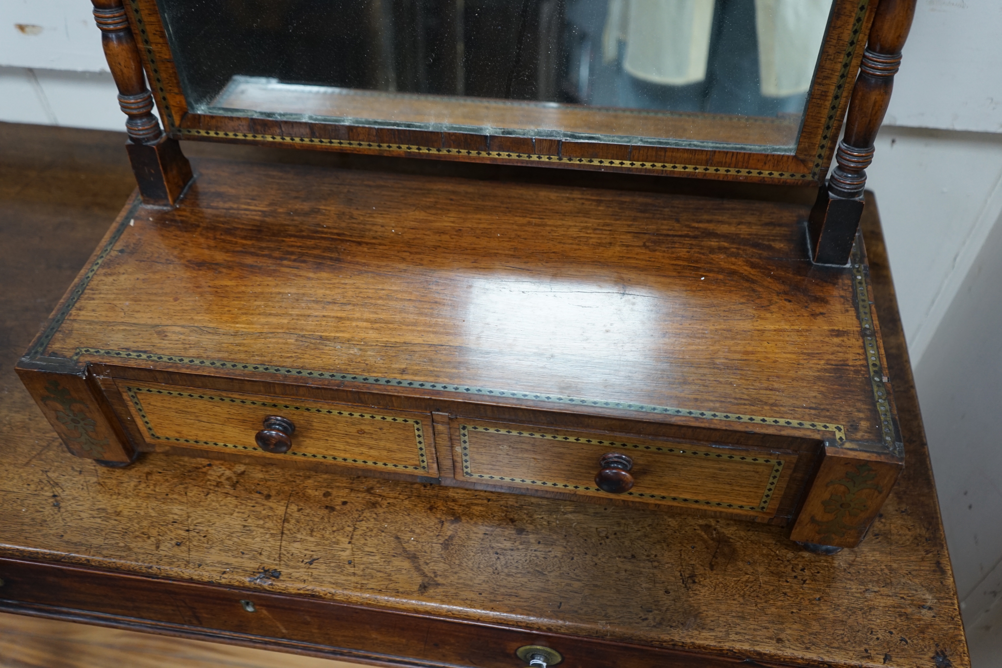 A Regency brass inlaid rosewood toilet mirror, width 57cm depth 24cm height 58cm